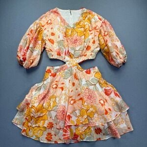 Maverick Skies Floral Cutout Mini Dress Orange Yellow Retro Boho Womens Size 4